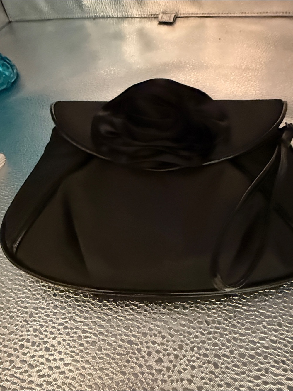 Faux Black Floral Satin Evening Clutch - Elegant Women's Bag